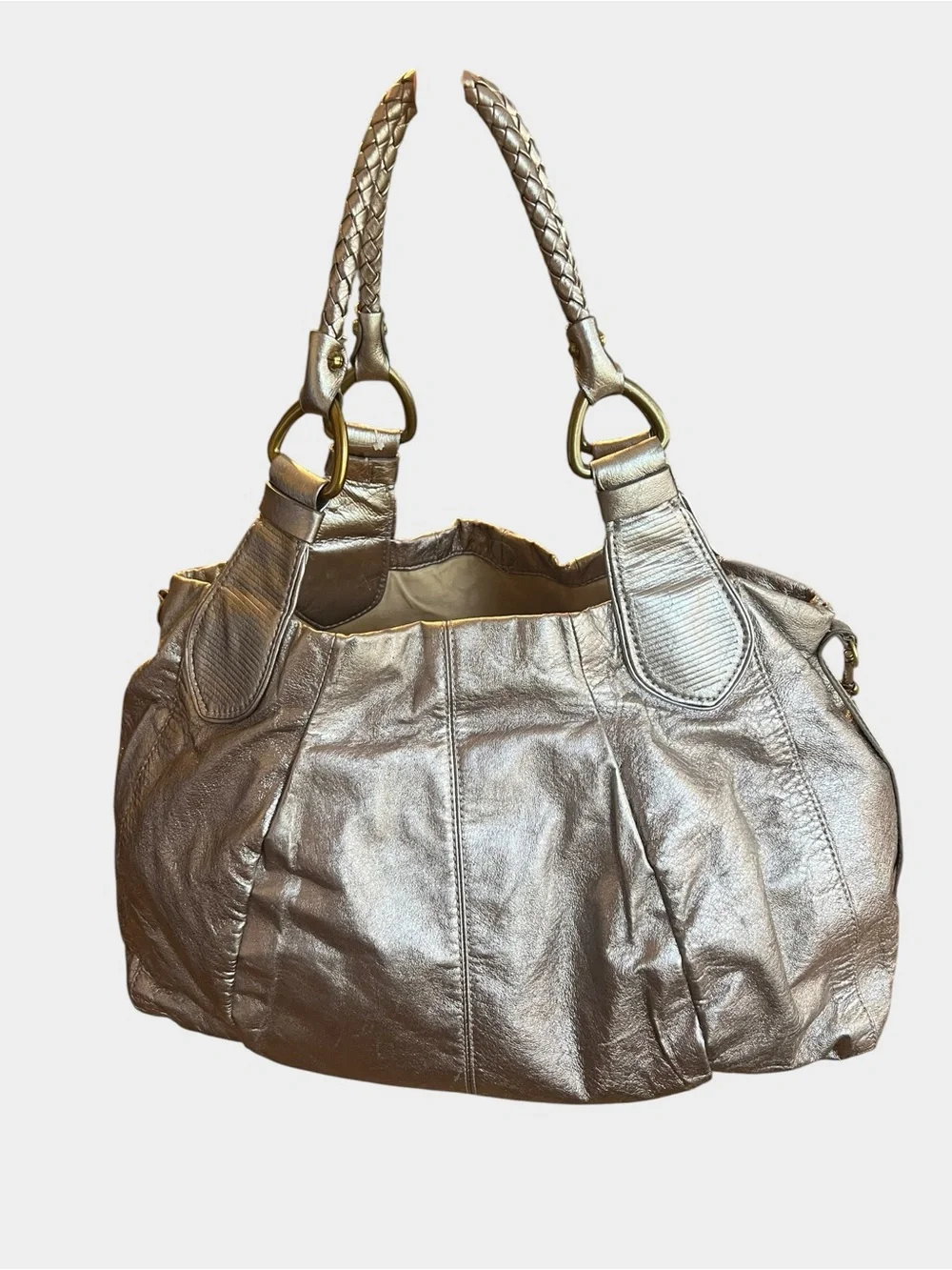 Elliott Lucca Metallic Gold Leather Slouchy Hobo Bag Braided Handles